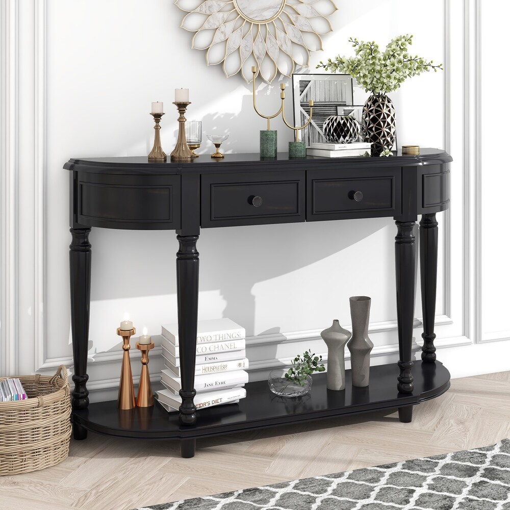 Retro Romanesque Style Curved Design Solid Wood Console Table  Entryway Table with 2 Top Drawers   Open Shelf for Living Room