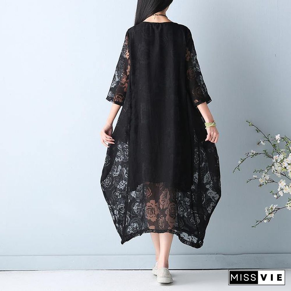 2019 black hollow out maxi dress o neck Half sleeve bridesmaid dress asymmetric summer dress