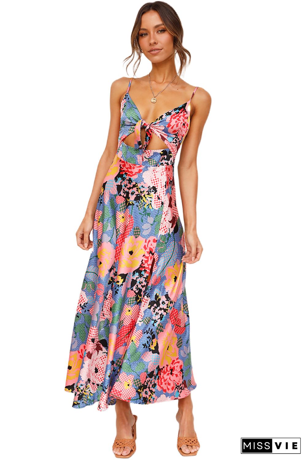 Multicolor Floral Print Bust Knot Long Dress with Slit