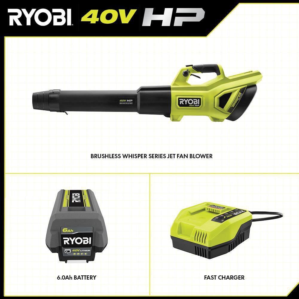 RYOBI 40V HP Brushless Whisper Series 160 MPH 650 CFM Cordless Battery Leaf Blower with 6.0 Ah Battery and Charger RY404140