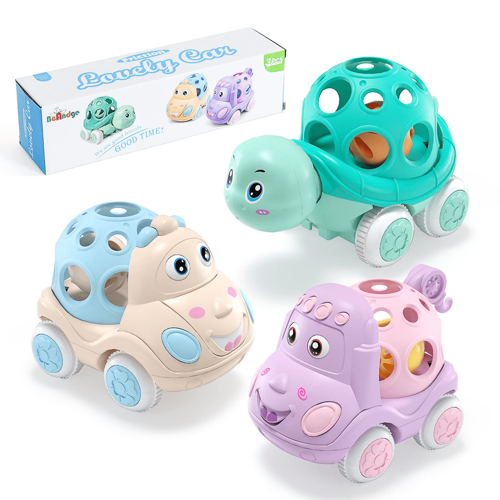 Children's Rattles and Rolling Cars， Baby Car Toys for 6-12 Months， 3 Pieces of Push-Pull Toys with Soft Rubber Rattles (Random Color)