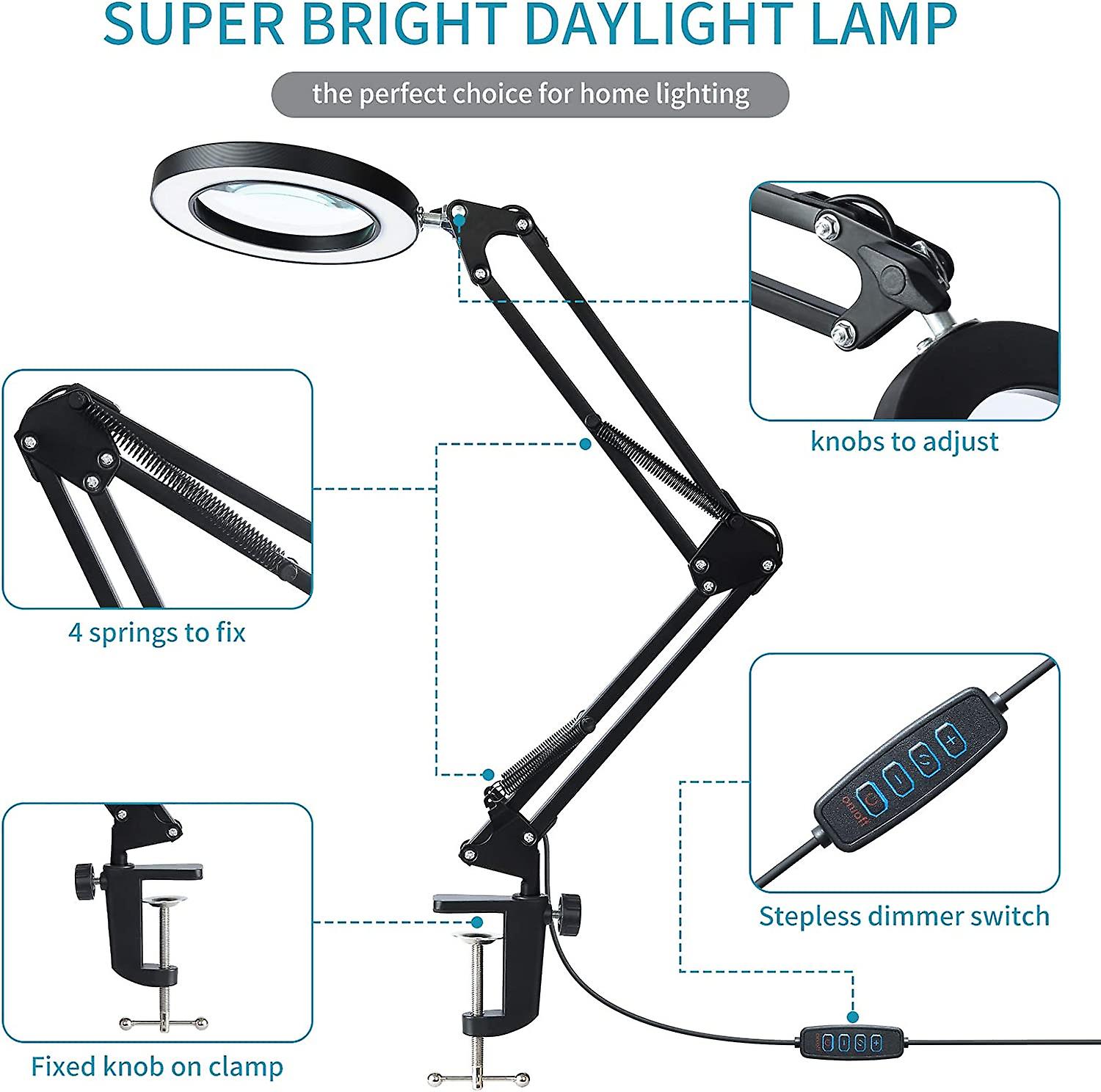 2-in-1 Led Magnifier Desk Lamp With Clamp ，magnifying Glass With Light And Stand，3 Color Modes Stepless Dimming， For Home Office Close Work， Repair， C