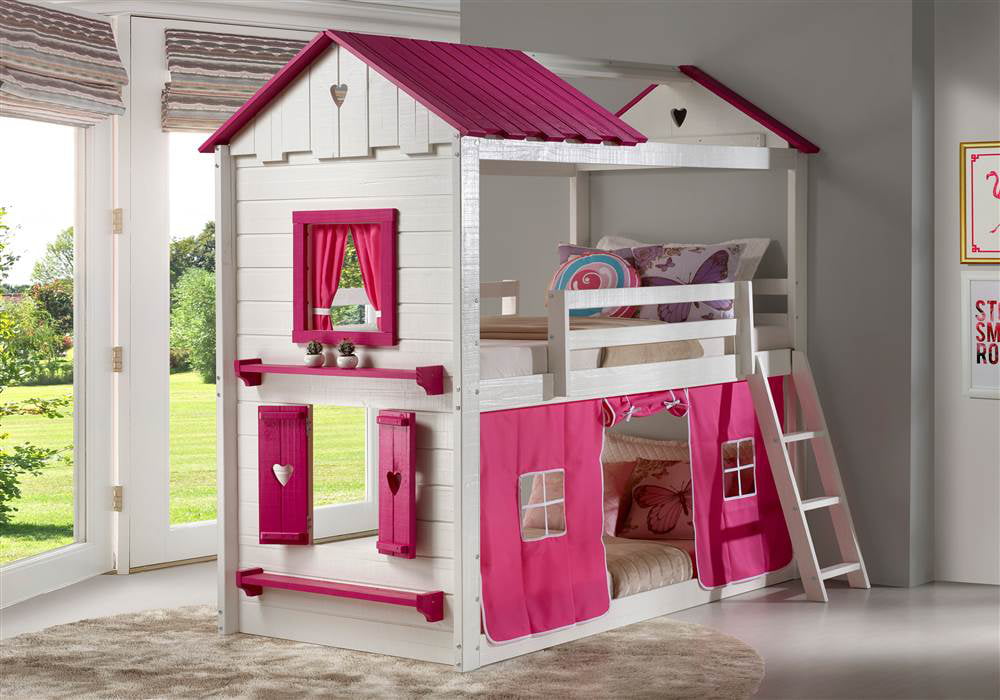 Donco Kids PD-1570TTWP-1575TP Twin Over Sweetheart Bunk Bed, White & Pink with Pink Tent