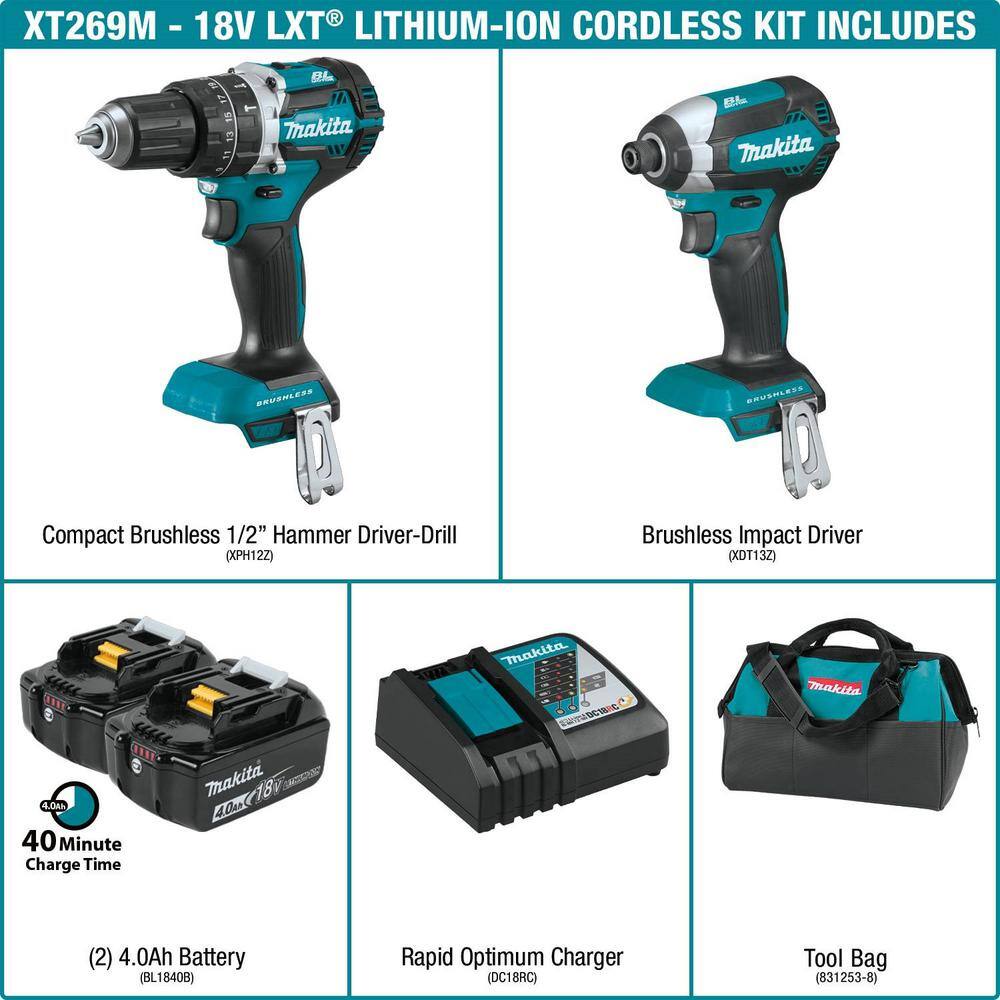 Makita 18V LXT Lithium-Ion Brushless Cordless Hammer Drill and Impact Driver Combo Kit (2-Tool) w (2) 4Ah Batteries Bag XT269M