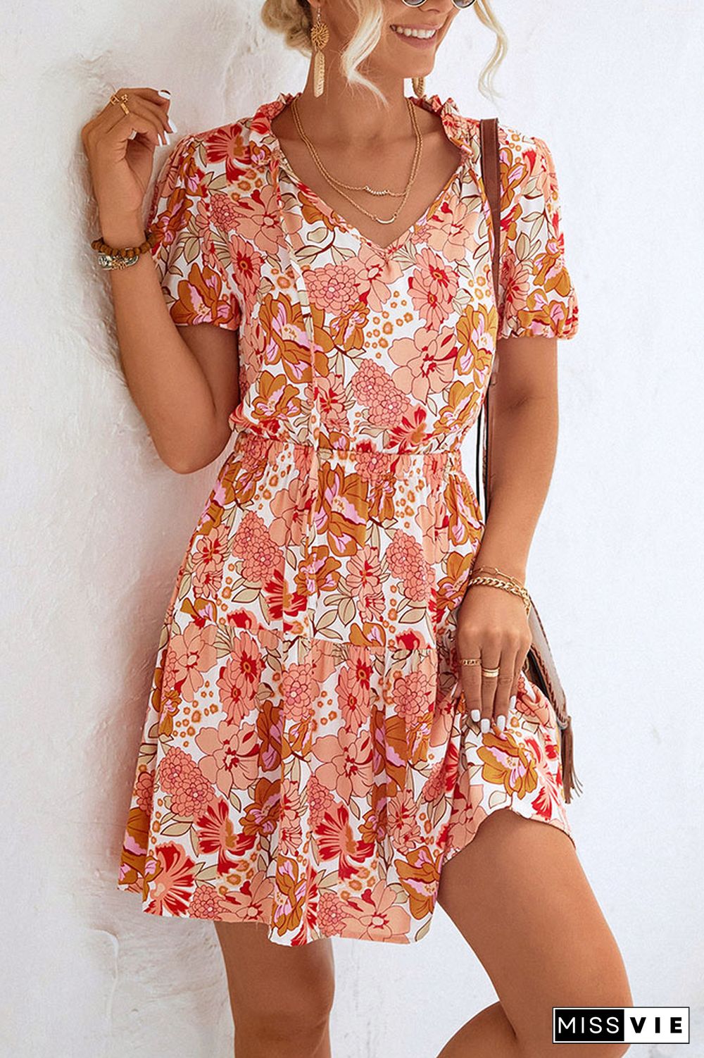 Frill Neck High Waist Floral Dress