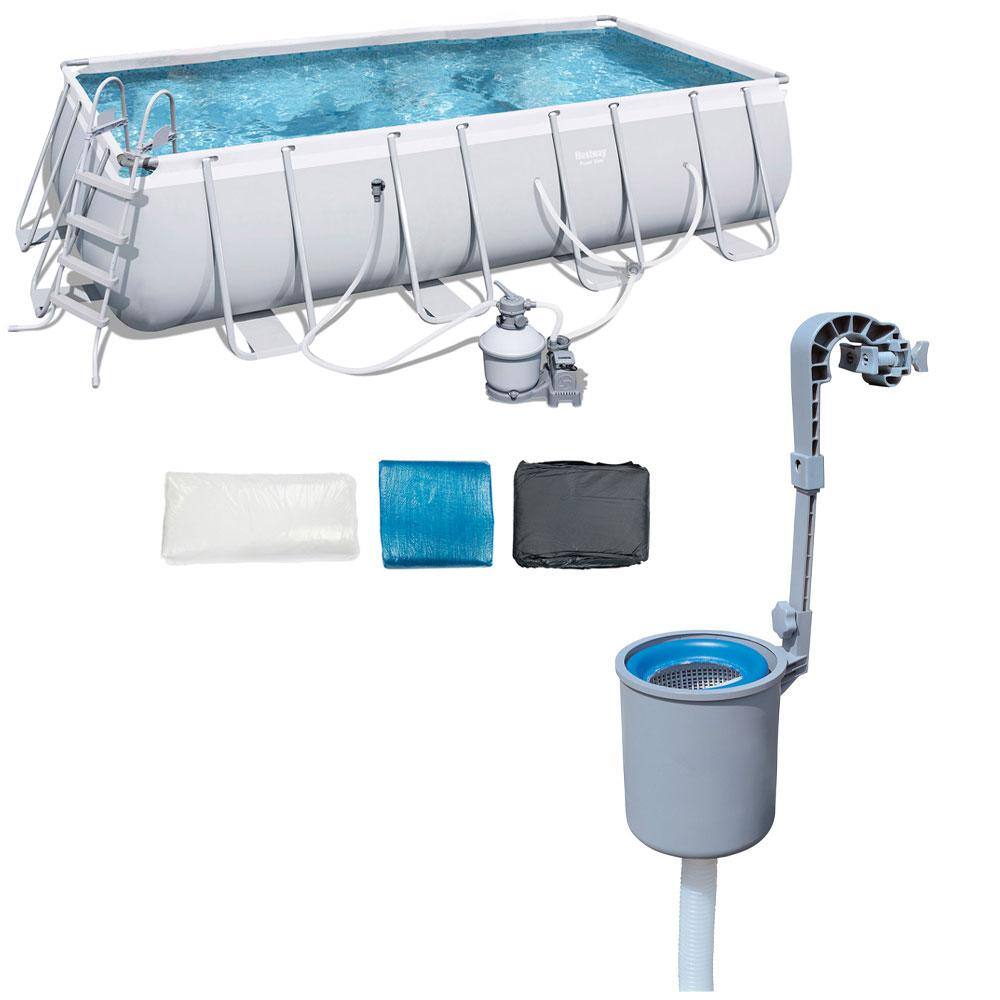 Bestway 18 ft. x 9 ft. Rectangular 48 in. D Hard Side Frame Above Ground Pool Set and Surface Skimmer 56468E-BW + 58233E-BW