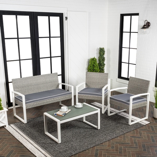 Thom 4Piece Modern Coastal Faux Wicker Conversation Outdoor Patio Set，by JONATHAN Y