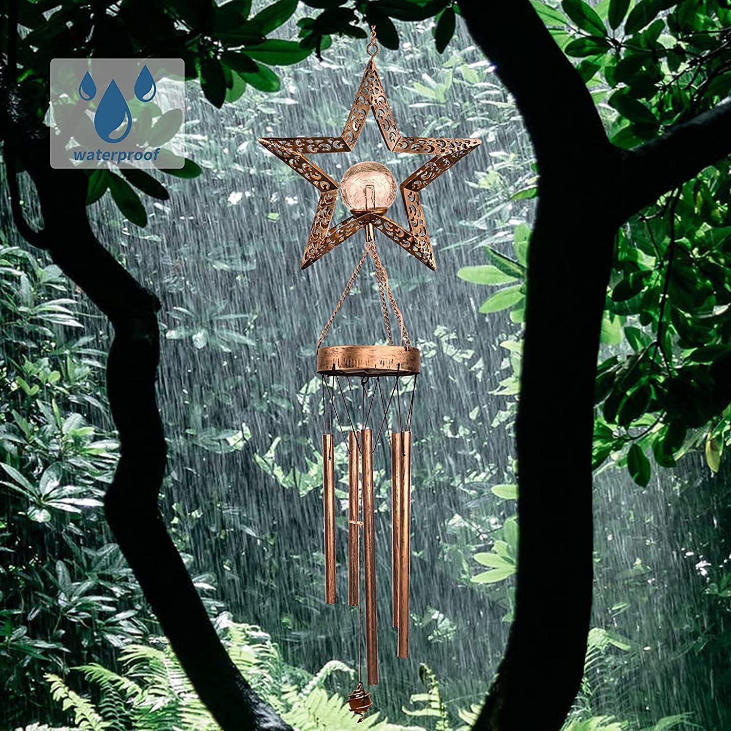 Solar Wind Chimes for Outdoor/Indoor Crackle Glass Ball LED Star Wind Chime， Waterproof Metal Bronze Unique Memorial Sympathy Gift， Hanging Decorative for Garden Home Yard Patio Lawn