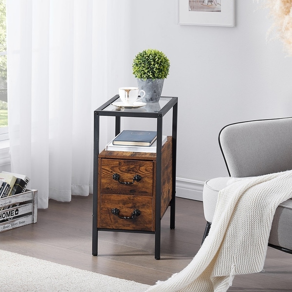 VECELO 2-Drawer Modern Narrow End Table with Glass Top