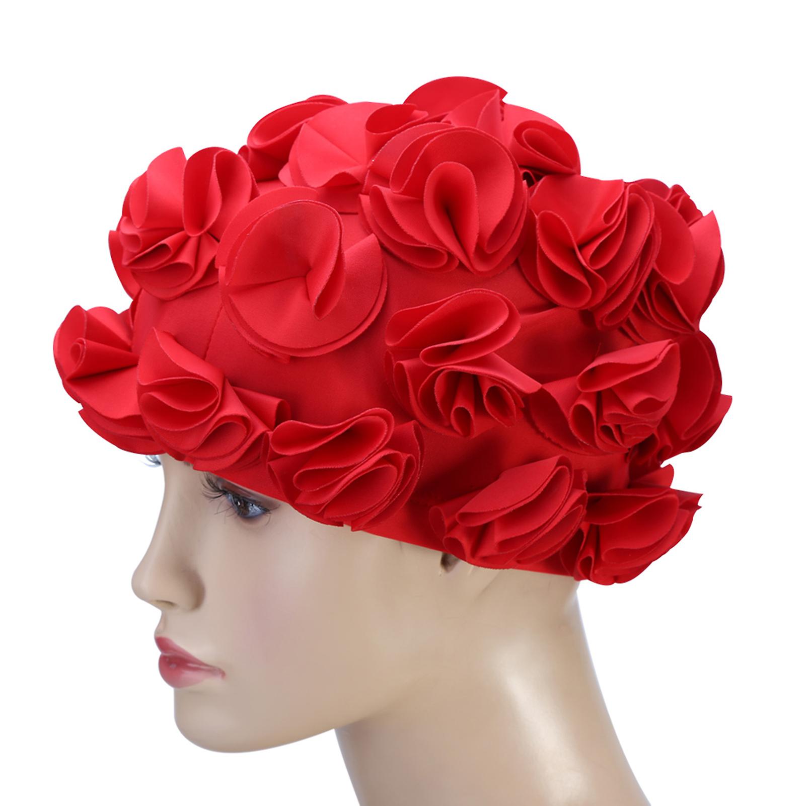 Women Children Flower Shape Fashion Elastic Swiming Hat Long Hair Swim Cap (red)