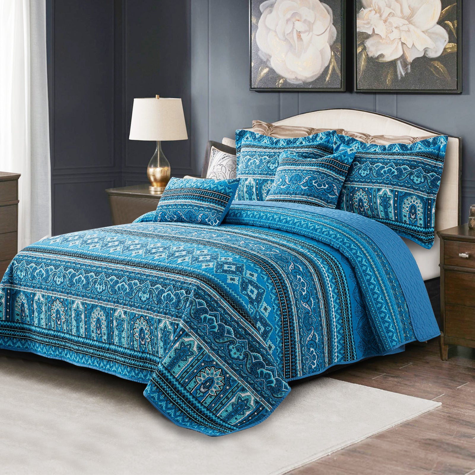 TWINRUN Queen Quilts Bedding Sets with Pillow Shams, Lightweight Bedspread Coverlet for Summer, Reversible Bohemian Quilt Bedding Sets, Teal/Blue, Queen Size