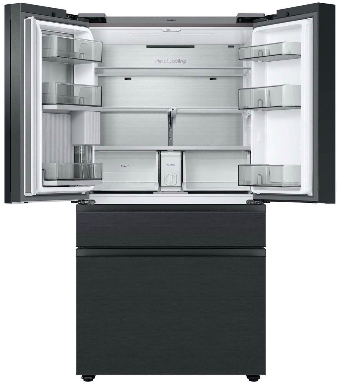  23 Cu. Ft. BESPOKE Counter Depth 4-Door French Door Refrigerator - Charcoal Glass Top Left And Family Hub Panels With Matte Black Steel Middle And Bottom Panels