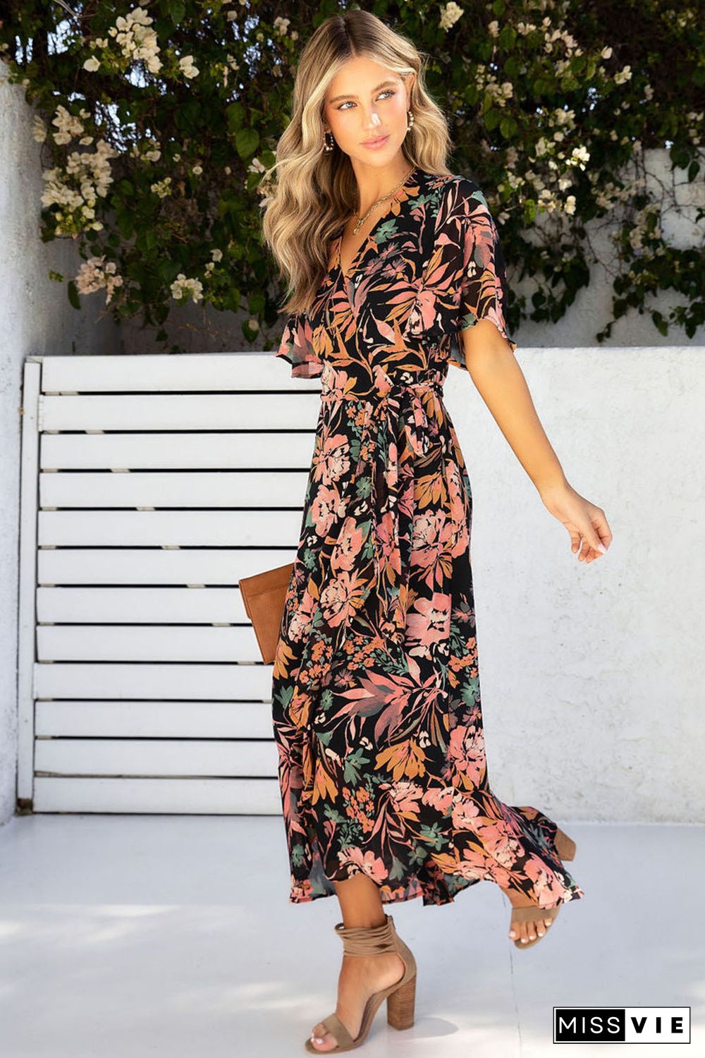 Black Floral Print Knotted Wrapped V Neck Maxi Dress