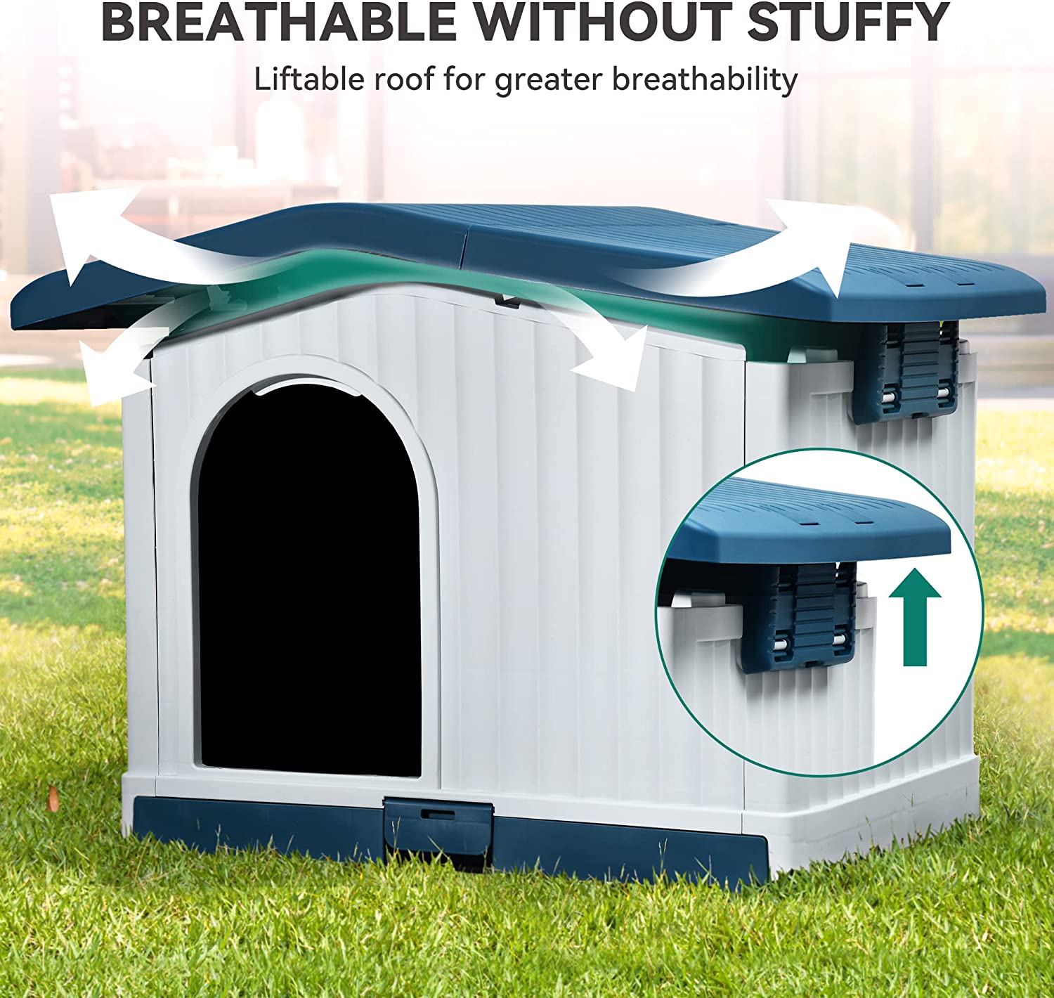 YITAHOME Large Plastic Dog House with Liftable Roof， Indoor Outdoor Doghouse Puppy Shelter with Detachable Base and Adjustable Bar Window， Water Resistant Easy Assembly