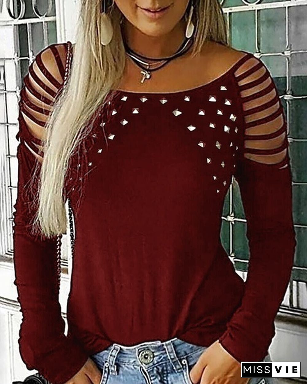 New Women Trending Autumn Fashion O Neck Hollow-Out Studded Long Sleeve Drill T Shirts Casual Solid Color Tops Plus Size