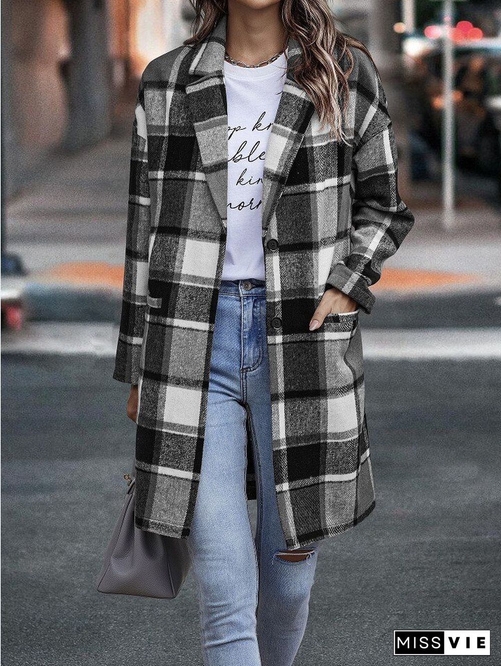 Autumn And Winter Winter Coat Women New Fashion Lapel Single-breasted Long-sleeved Plaid Long Coat Women Jacket