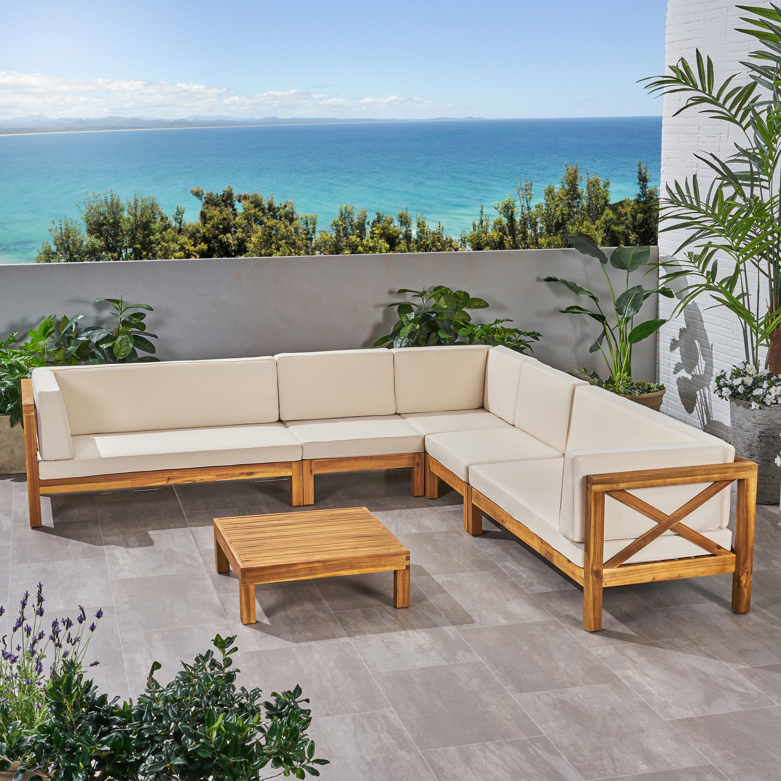 Cynthia Outdoor 7 Seater Acacia Wood Sectional Sofa Set