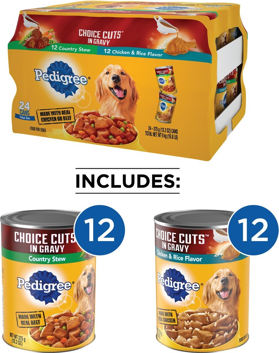 Pedigree Choice Cuts in Gravy Country Stew and Chicken and Rice Flavor Adult Canned Wet Dog Food Variety Pack， 13.2 oz， case of 24