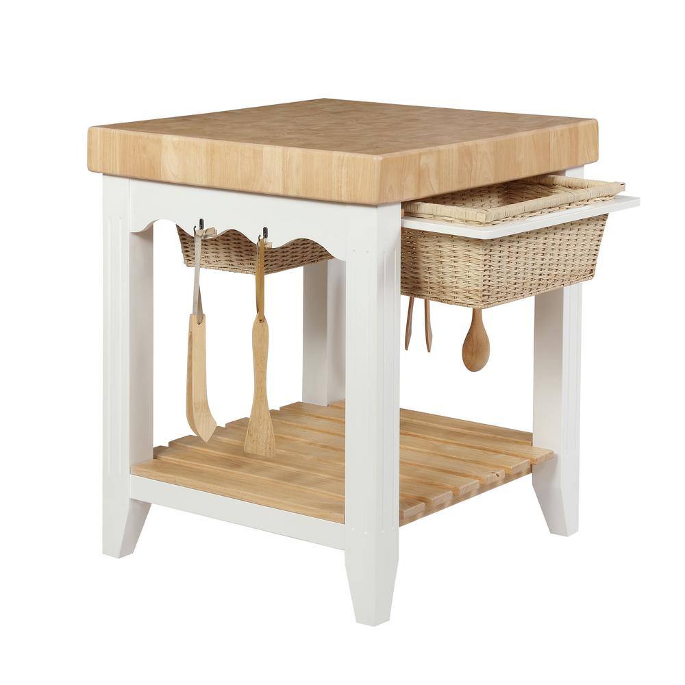 Powell Company Kolton White Kitchen Island with Butcher Block Style Top and Storage HD1225D19