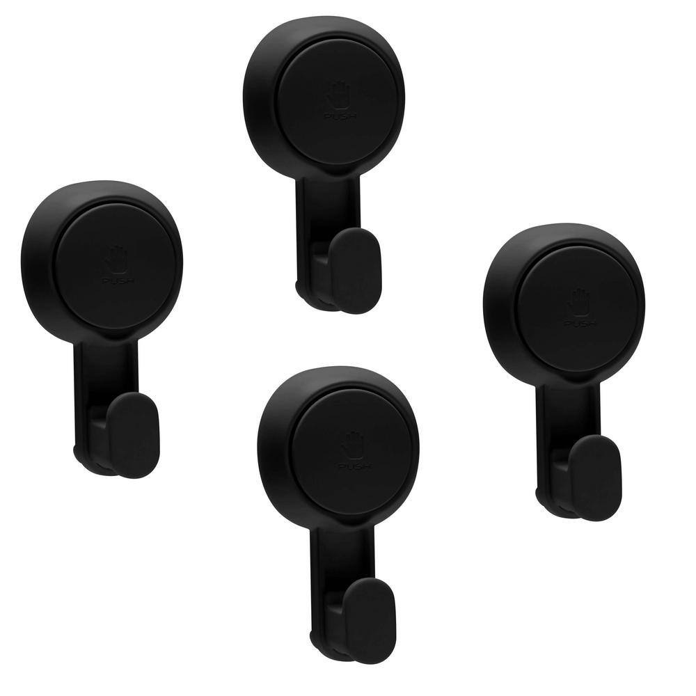 Bath Bliss Gel-Suction Power J-Hook RobeTowel Hook in Matte Black 4-Pack 26751-MATTEBLACK