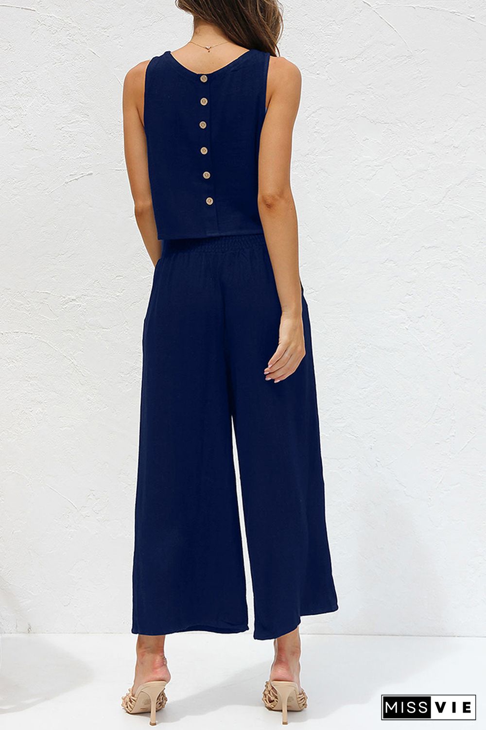 Plain Lien Tank Top With Wide Leg Pants 2pcs Set