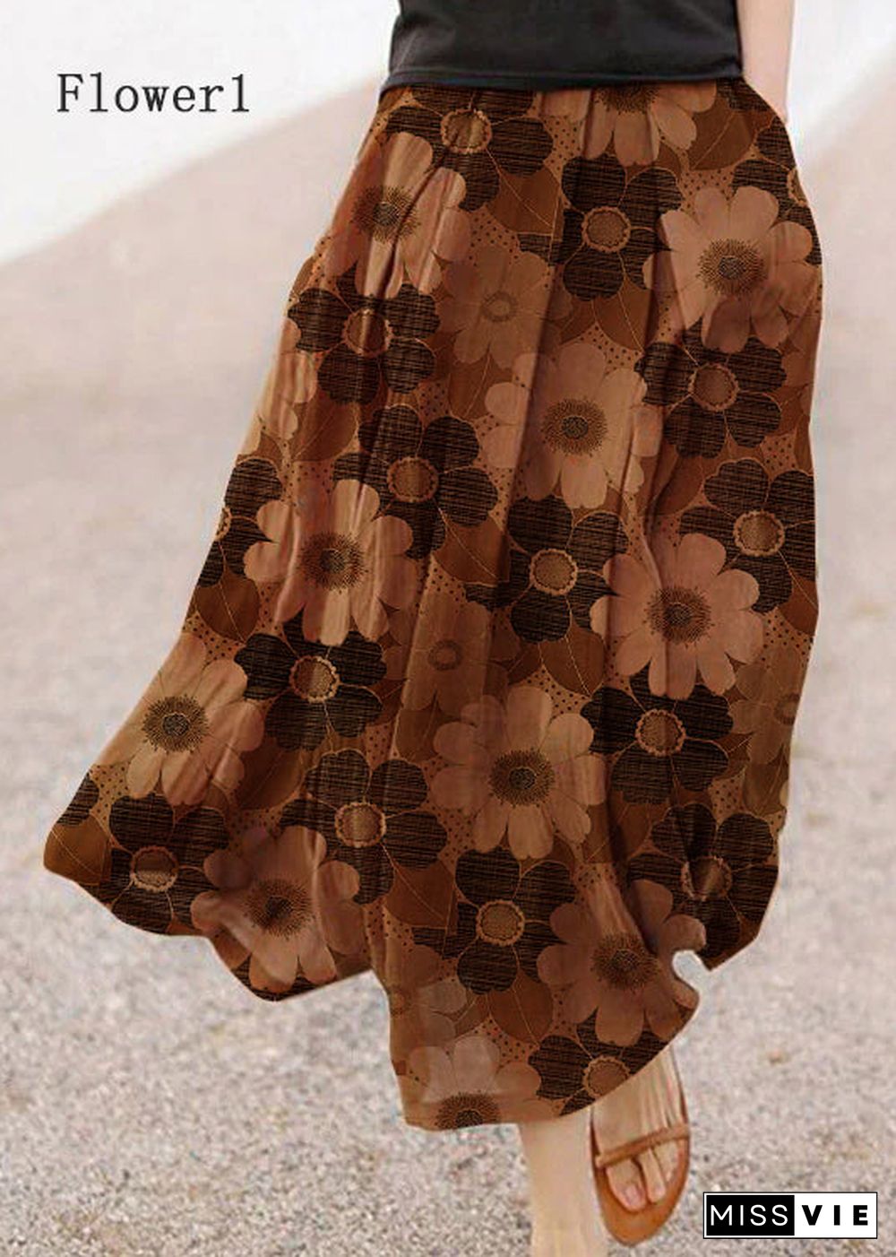 Retro Chocolate-Flower3 Print Pockets Linen Skirt Summer