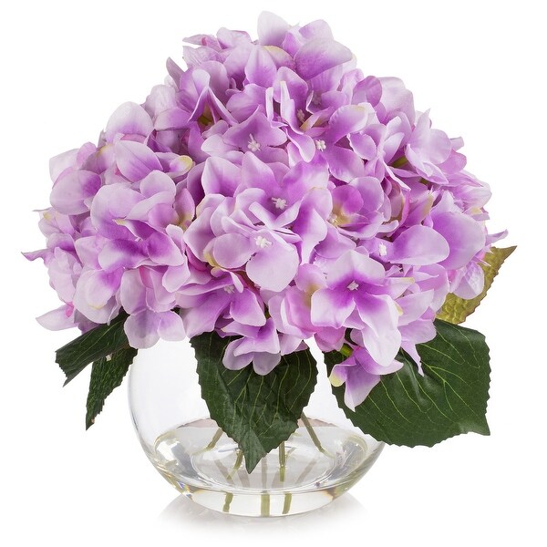 Hydrangea Artificial Flowers in Round Glass Vase with Faux Water，Silk Flower Arrangements in Vase for Home Decor，Wedding Table