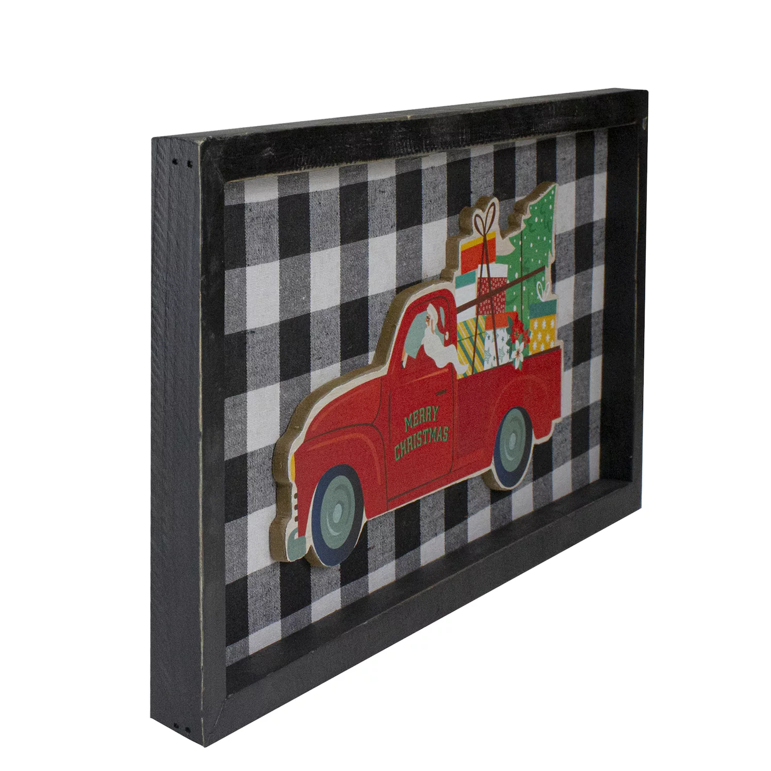 16” Black and White Buffalo Plaid Santa Farm Truck Wooden Christmas Plaque