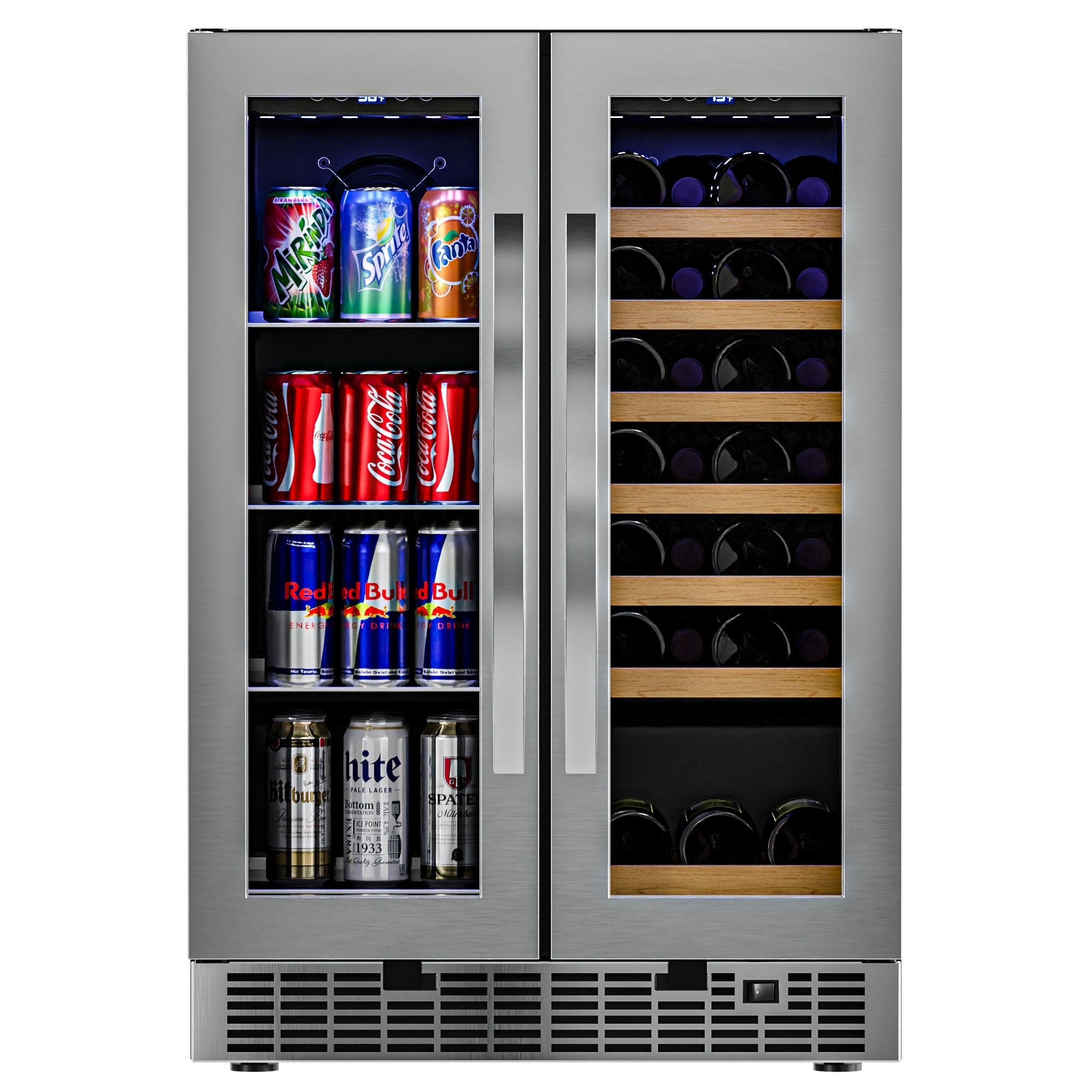 24 in. Dual Zone， Full Glass Door， Wine and Beverage Cooler， Freestanding or Built-in， Holds up to 21-Bottles 60-Cans， 4 cu ft.