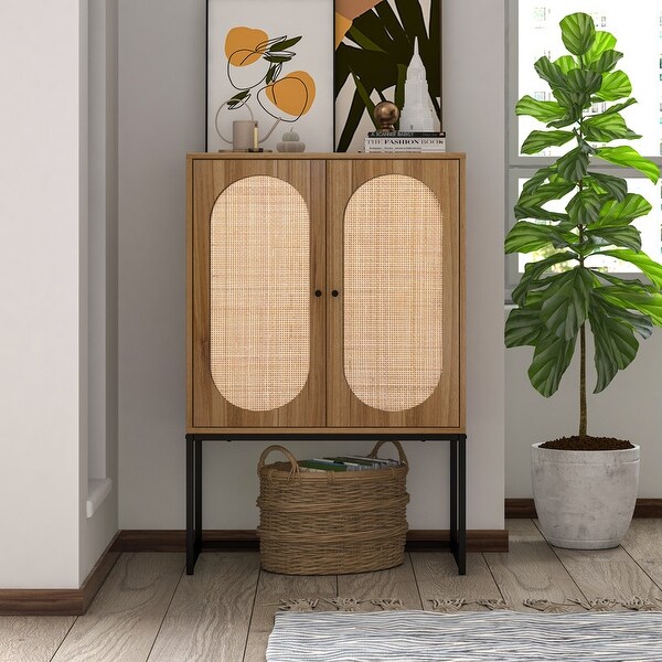 2-Door Rattan Accent Storage Cabinet Tall with Adjustable Shelf