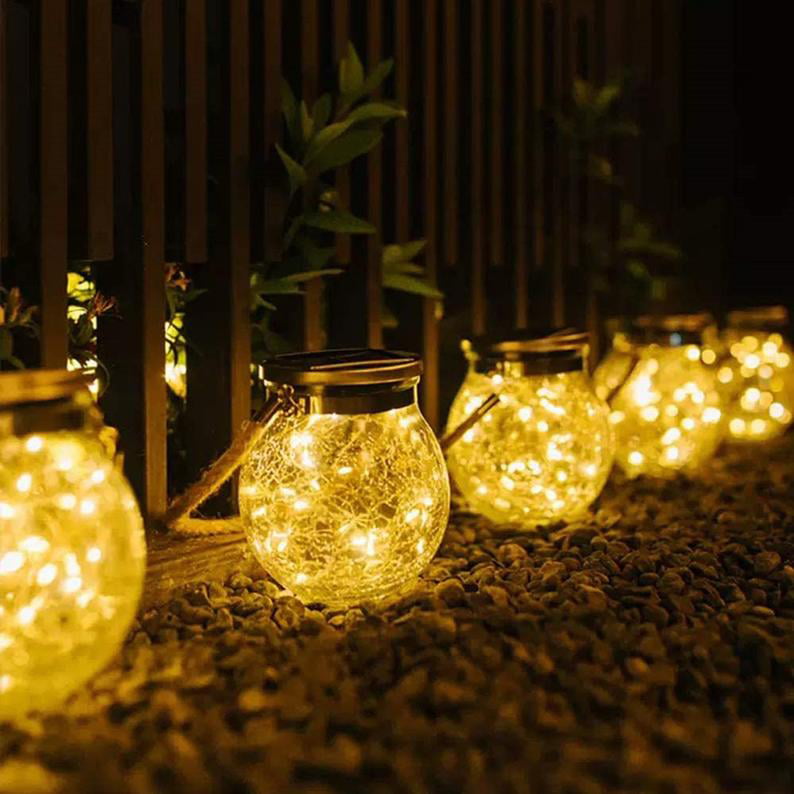 EpicGadget Solar Lantern Outdoor Hanging Solar Light LED Mason Jar Light Waterproof Solar Table Lamp Crack Glass Garden Globe Light for Patio Yard Party Wedding Christmas Outdoor Decoration (4 Pieces)