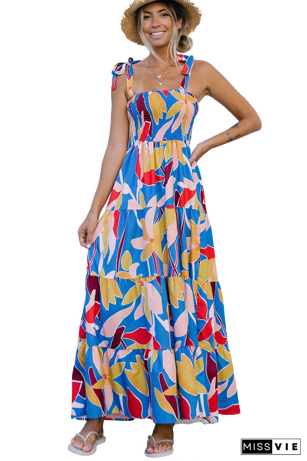 Blue Boho Print Tie Straps Smocked Maxi Dress