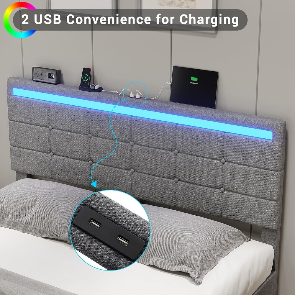 Queen Bed Frame with 2 USB Charging Station   LED Lights