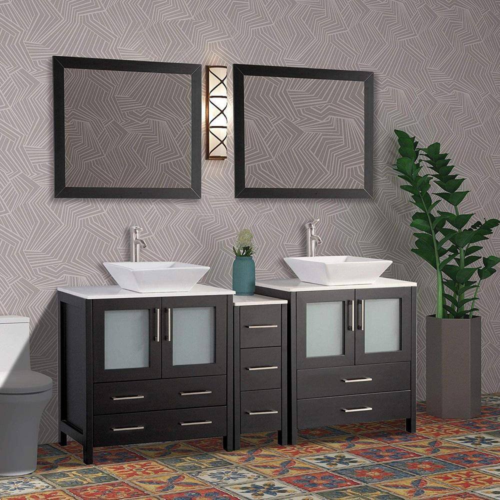 Vanity Art Ravenna 72 in. W Bathroom Vanity in Espresso with Double Basin in White Engineered Marble Top and Mirrors VA3130-72E