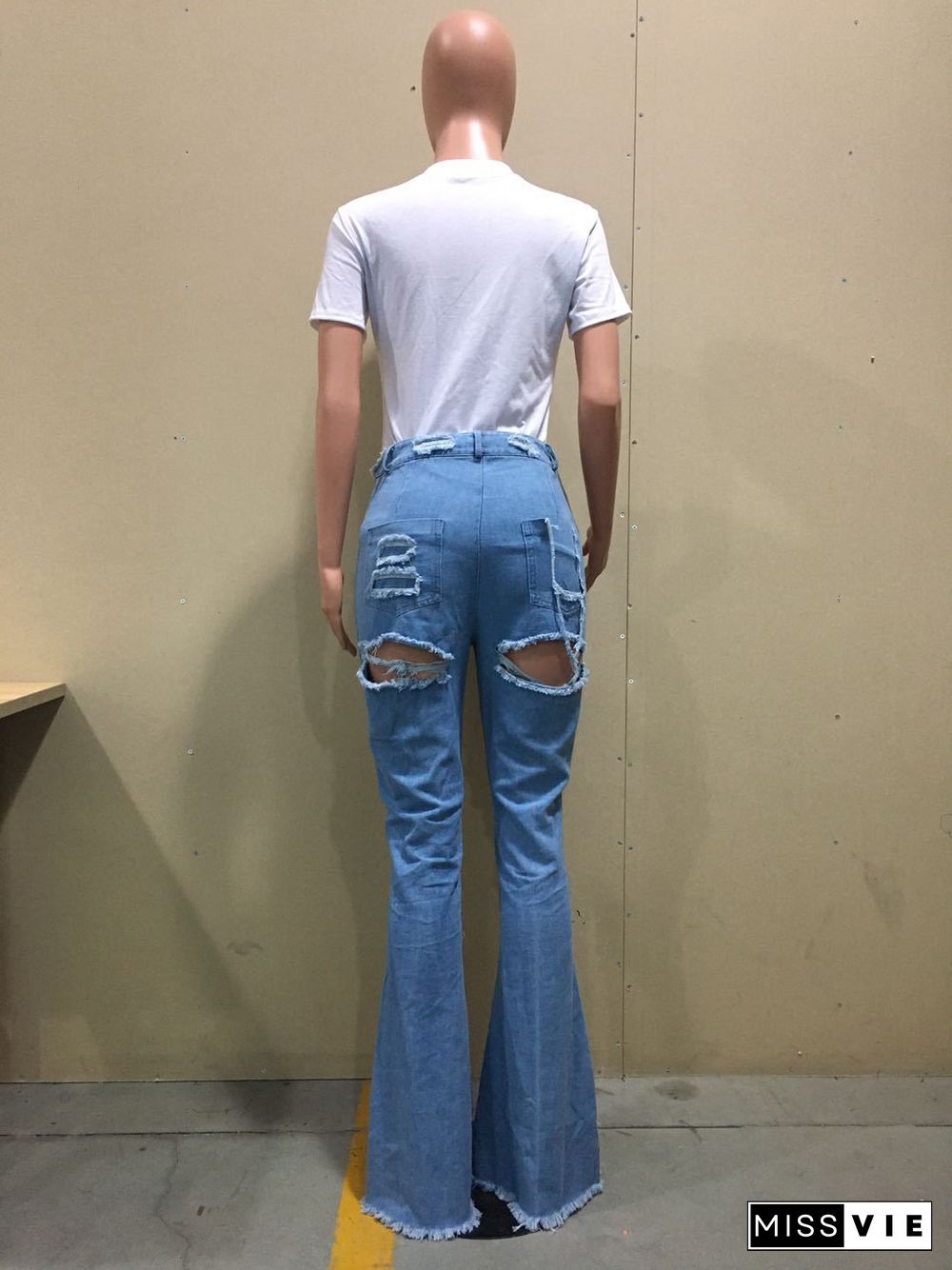 Casual Broken Hole Burning Mid-Waist Street Horn Jeans Pants