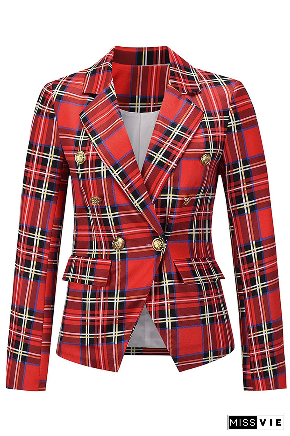 Plaid Turn Lapel Collar Pockets Blazer Women Wholesale