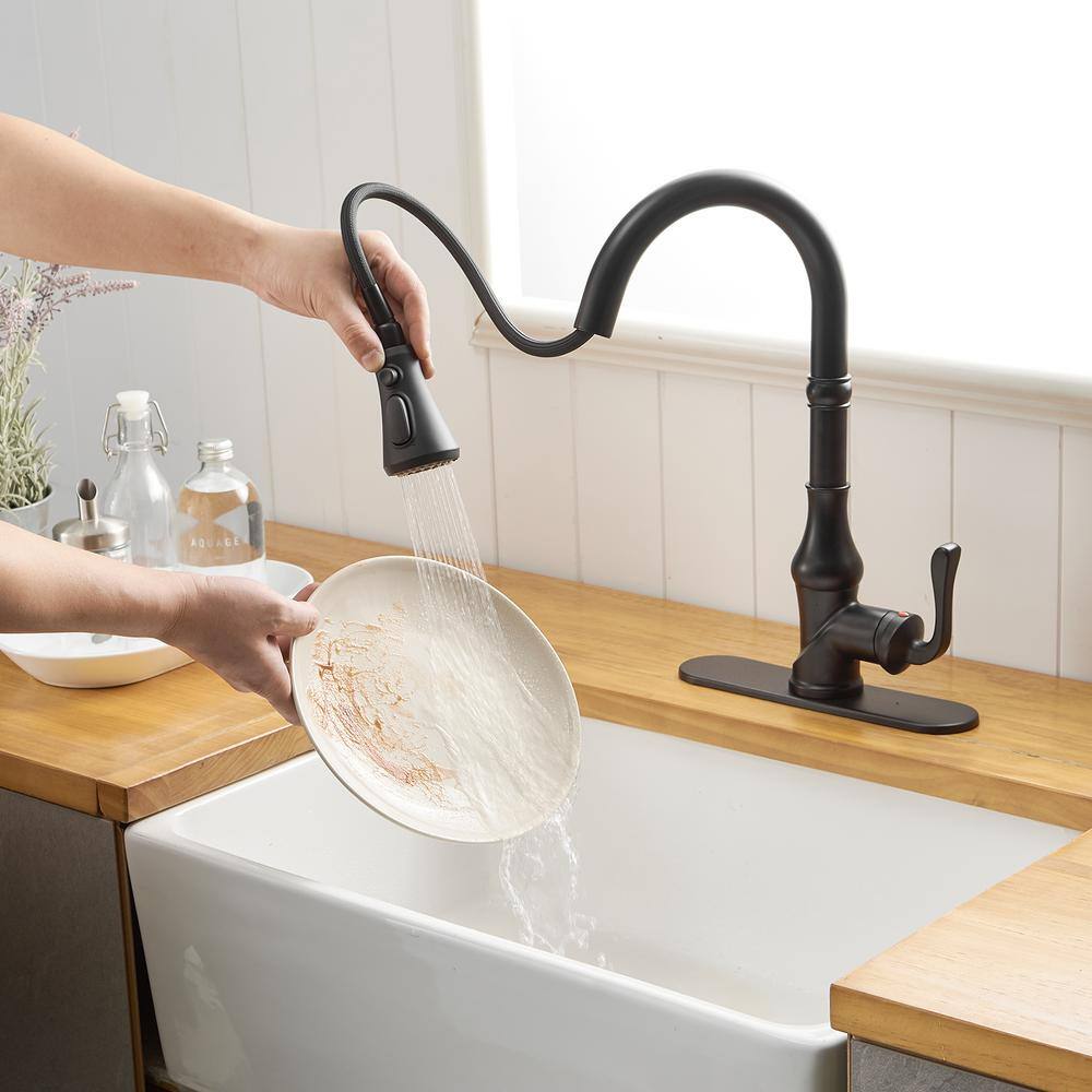 FORCLOVER Single Handle Gooseneck 3 Spray High Arc Pull Down Sprayer Kitchen Faucet with Deck Plate in Matte Black FRIMFYT11MB