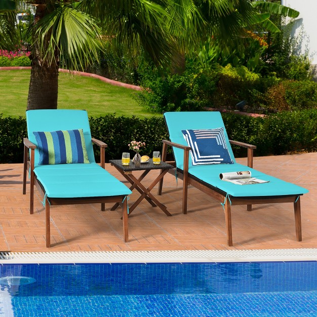 Costway 3pcs Patio Rattan Lounge Chair Folding Table Set Chaise Wood Cushioned White turquoise