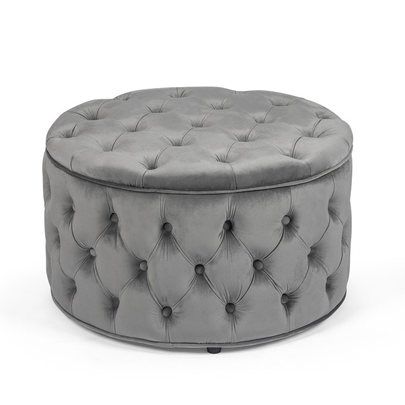 Adeco Round Storage Ottoman Button Tufted Footrest Stool Bench