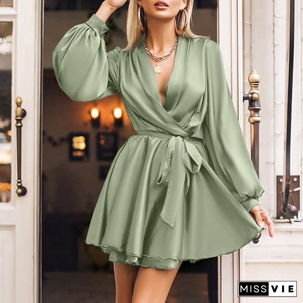 Autumn Women Lantern Long Sleeve Mini Dress V Neck Party Casual Swing Wrap A Line Dress Plus Size