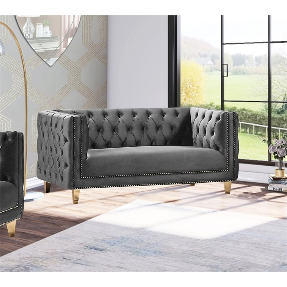 Pemberly Row Contemporary Velvet and Iron Loveseat in Soft Gray/Gold   Contemporary   Loveseats   by Homesquare  Houzz