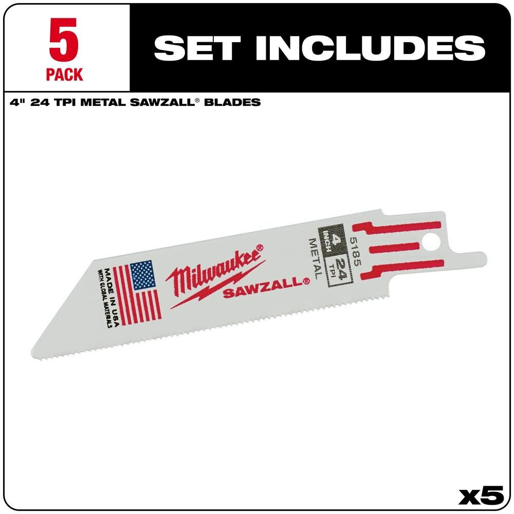 Milwaukee 4 in. 24TPI SAWZALL Blade 5PK 48-00-5185 from Milwaukee