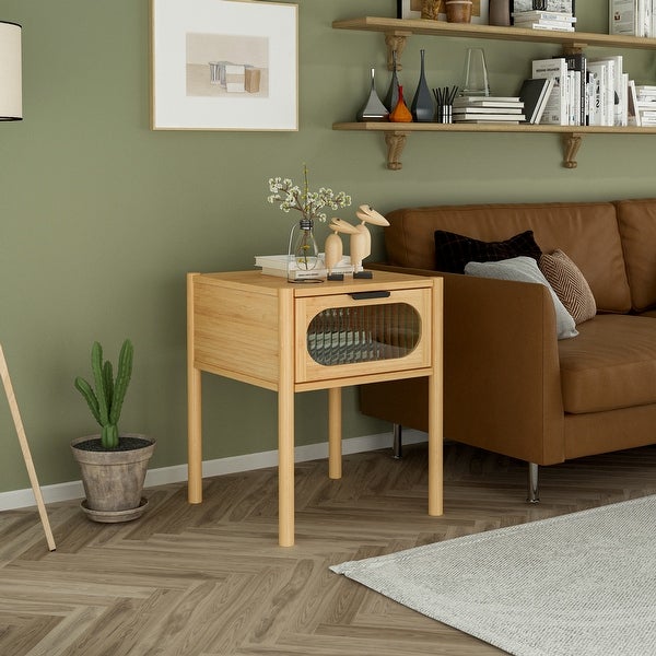 1 Drawer End Table，Bamboo Mid Century Modern Nightstand