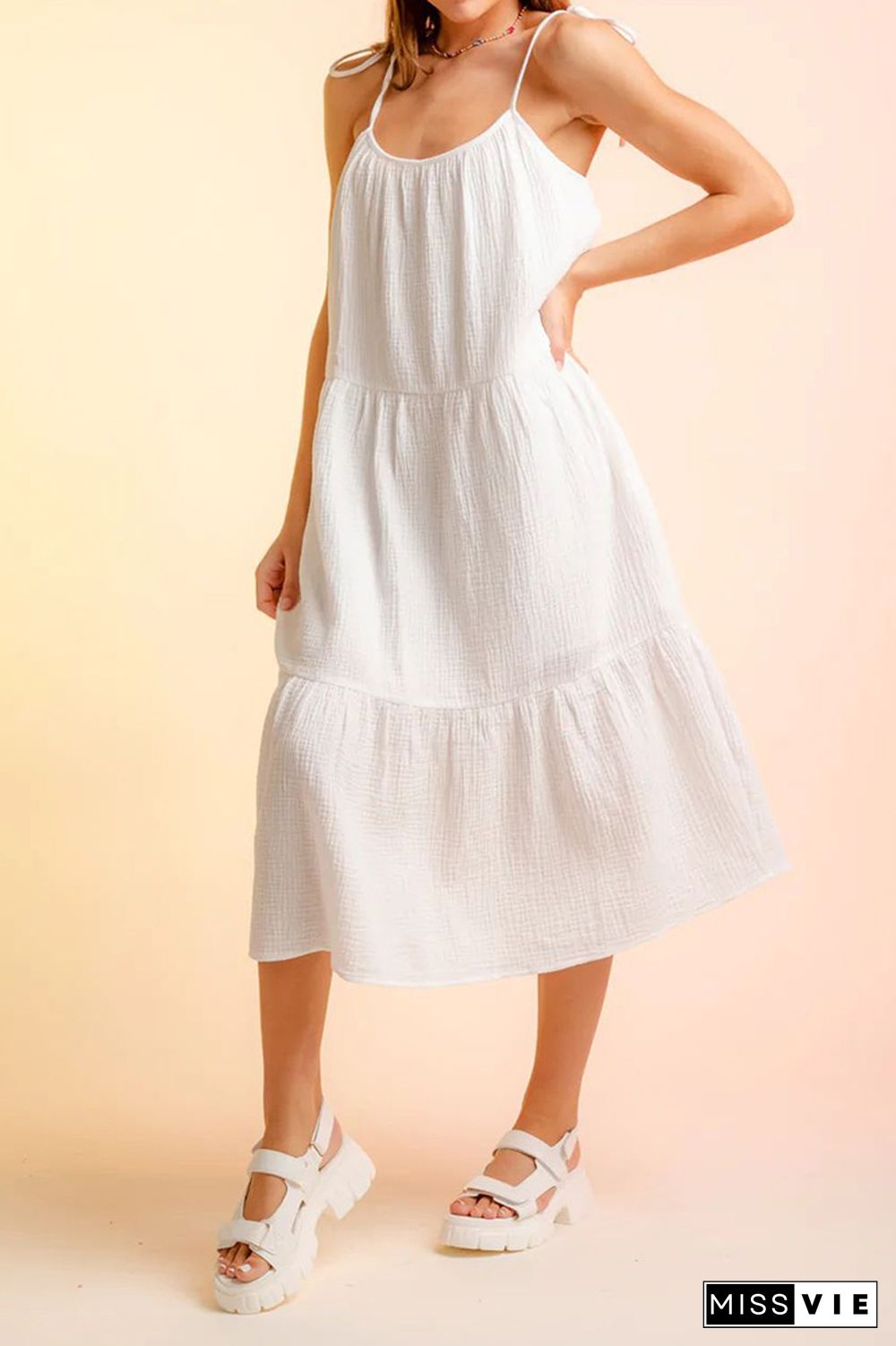 Plain Tie Cami Strap Tiered Midi Dress