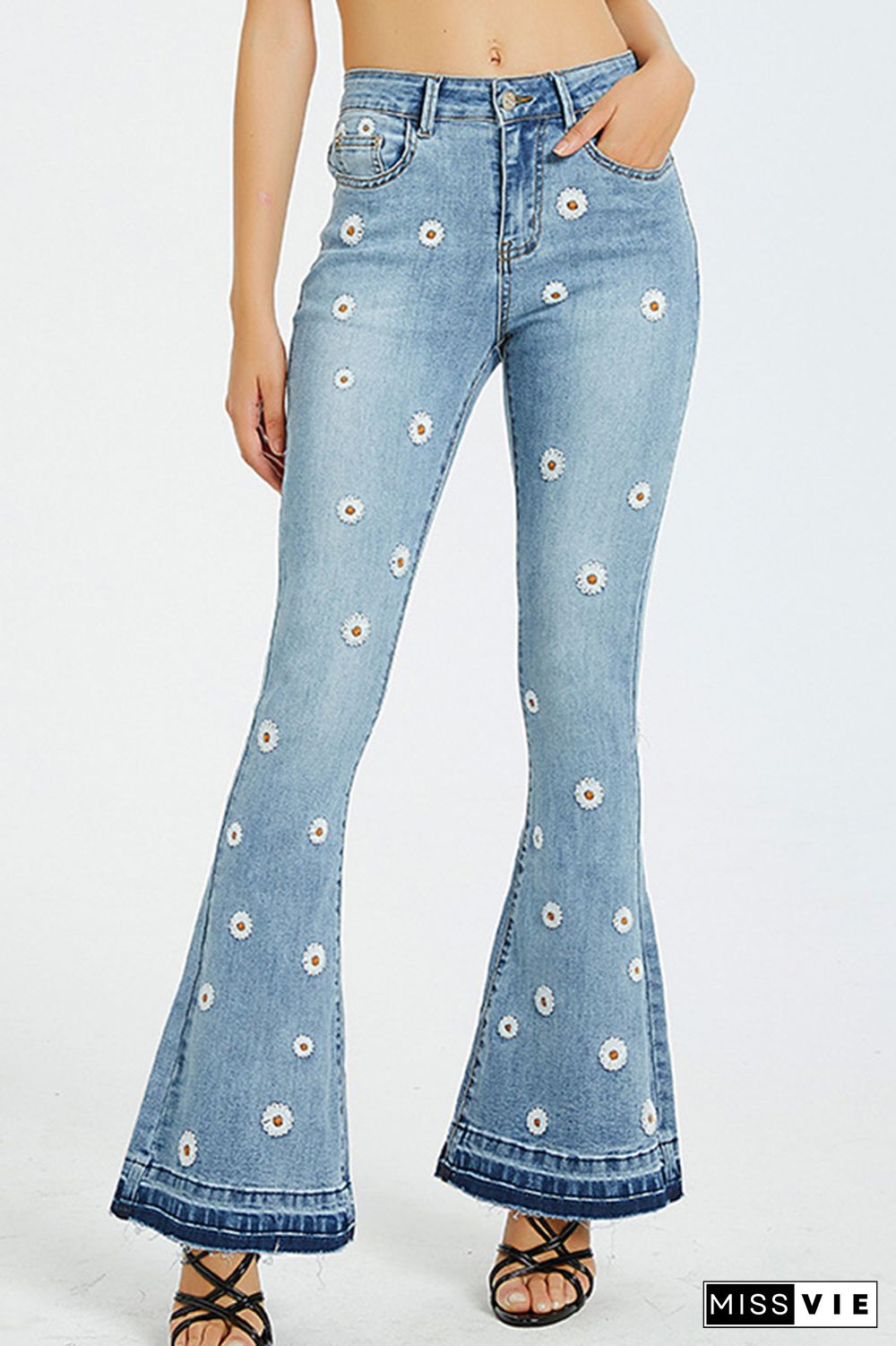 Daisy Embroidered Bleach Bell Bottom Flared Jeans Wholesale Boutique