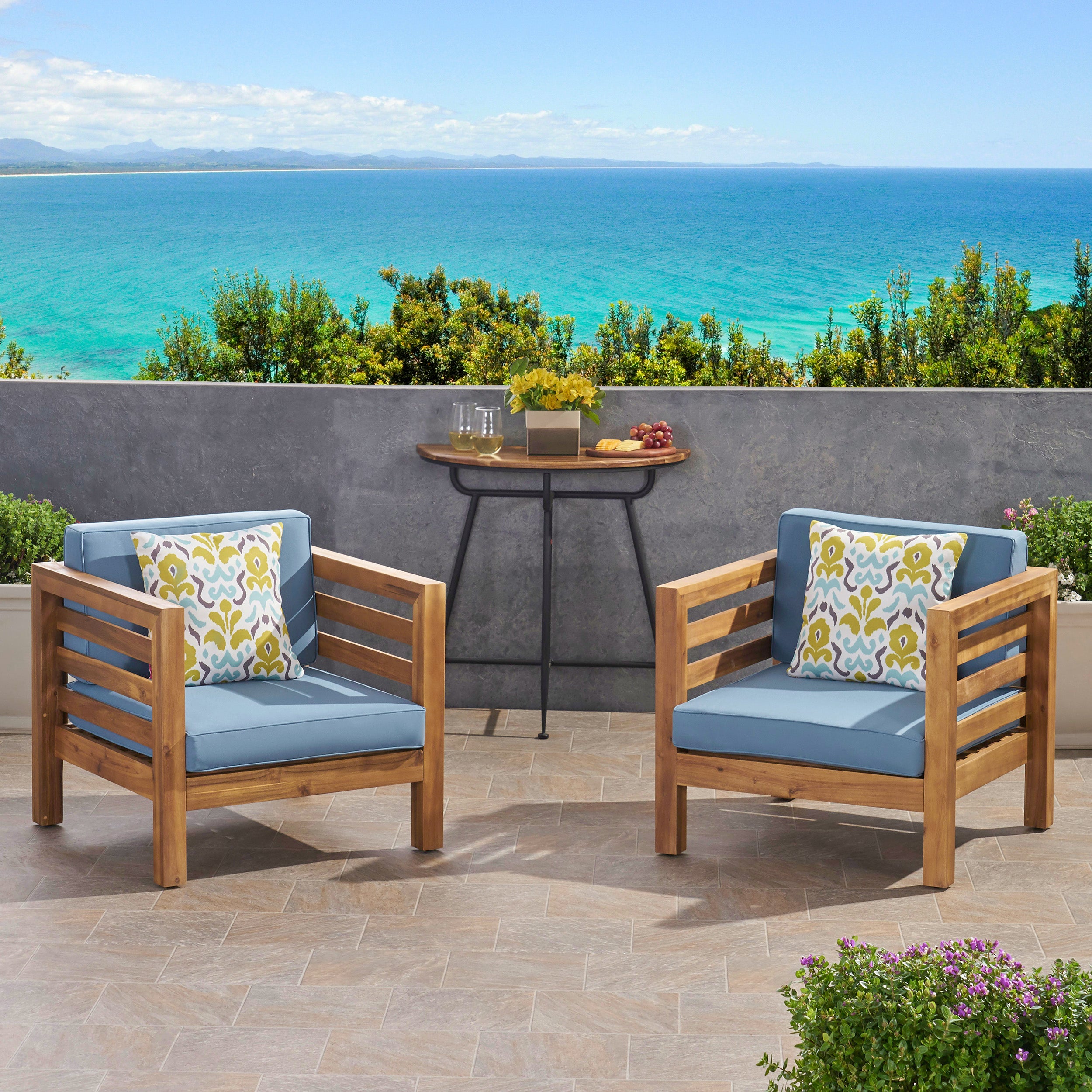 Louise Outdoor Acacia Wood Club Chairs with Cushions (Set of 2)