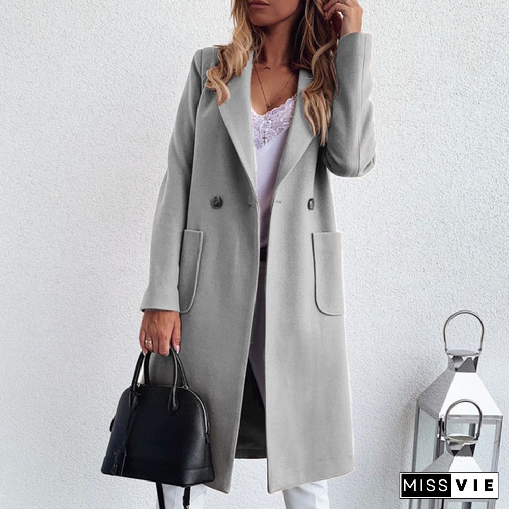 Fashion Women Autumn Winter Turn-Down Collar Pockets Buttons Long Coats Solid Casual Lapel Parka Ladies Jacket Button Coat