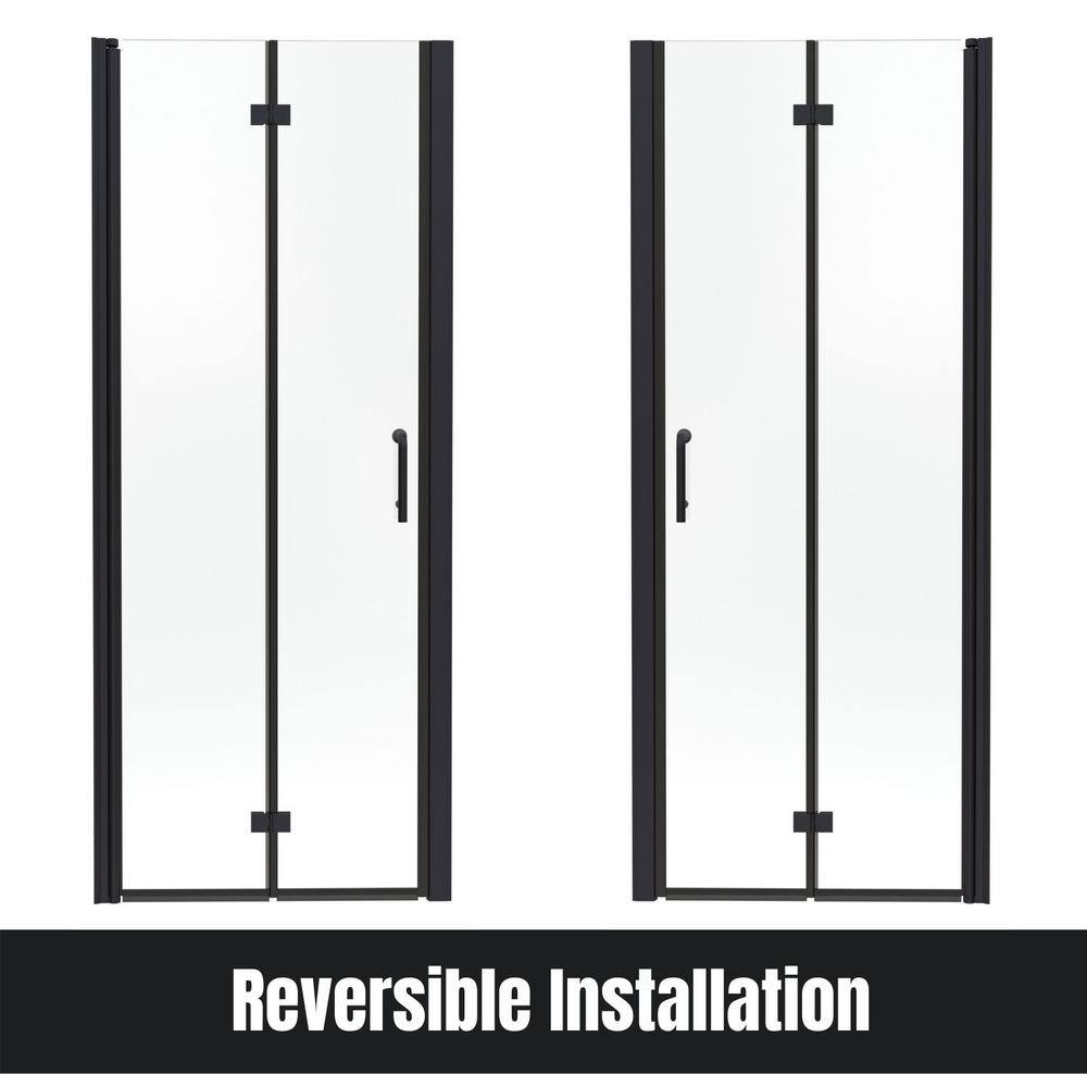 TOOLKISS 34 to 35-1332 in. W x 72 in. H Bi-Fold Frameless Shower Doors in Black with Clear Glass BFH34MB