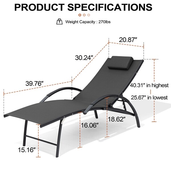 Crestlive Outdoor Adjustable Reclining Chaise Lounge Chair with Arms and Headrest，Aluminum or Steel Frame Options