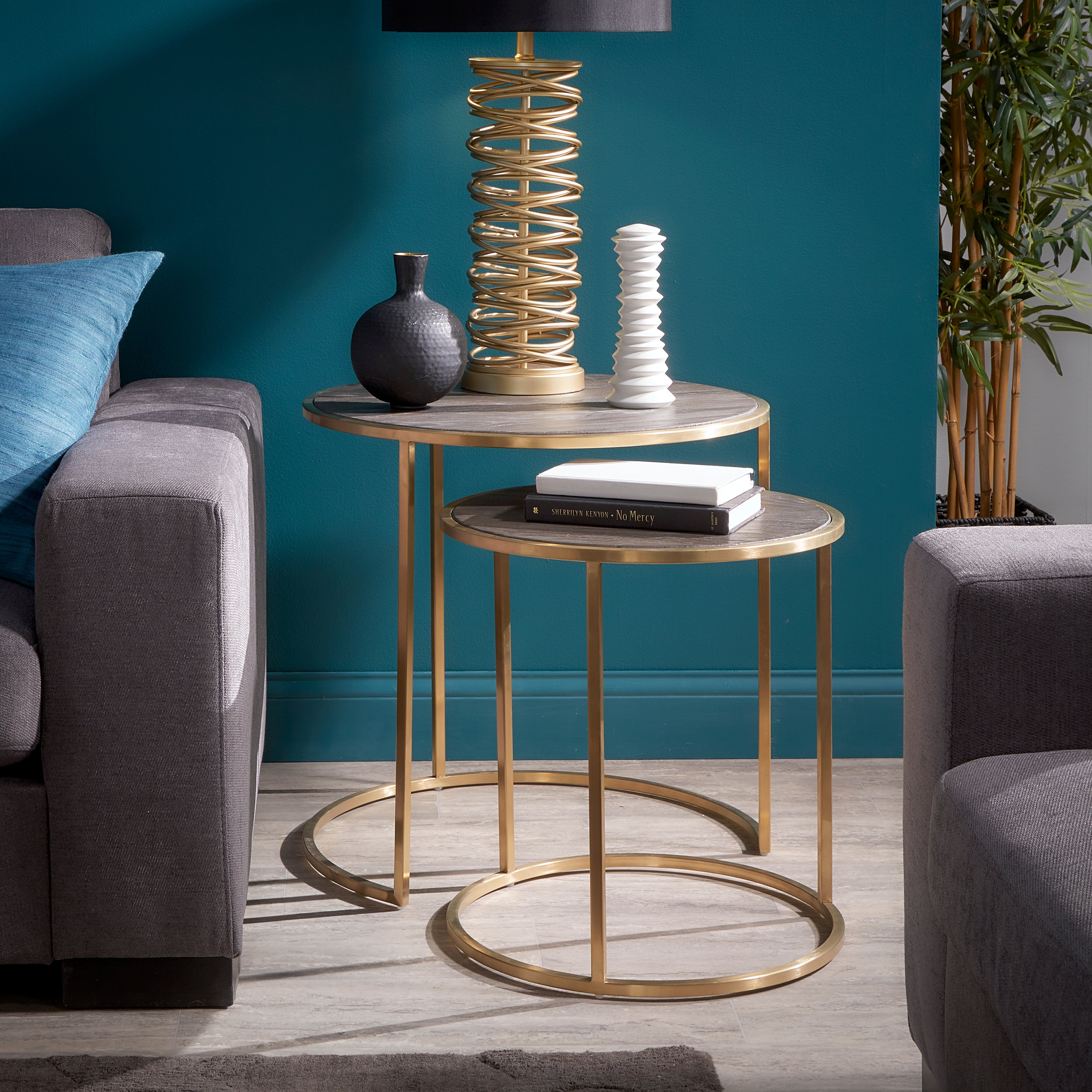 Subira Antique Gold Finished Metal and Reclaimed Wood Round Nesting End Table Set by iNSPIRE Q Bold